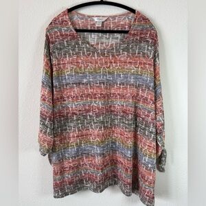 CJ Banks Striped Tunic Top 3X Plus Earth Tone 3/4 Sleeve Tie Wrist Blouse